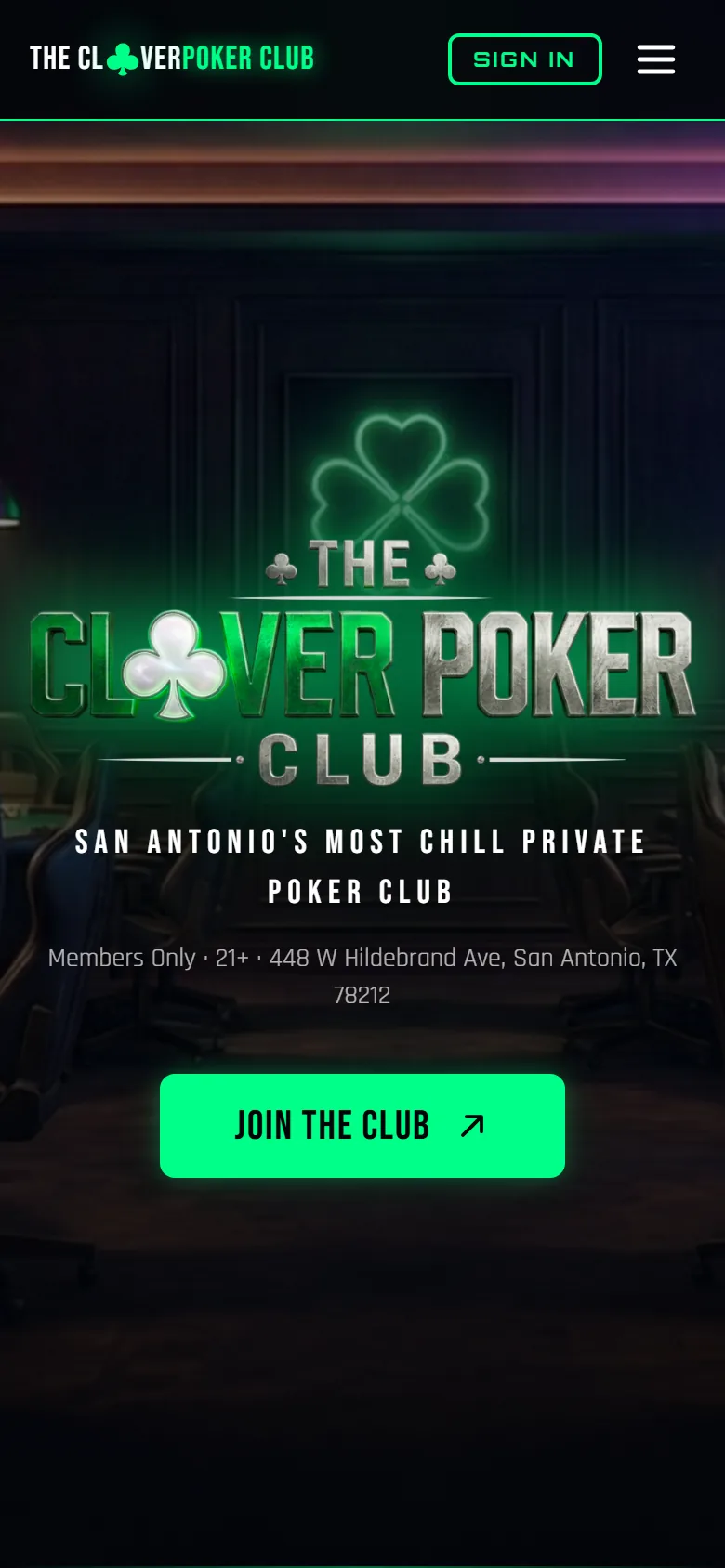 The Clover Poker Club website on a phone