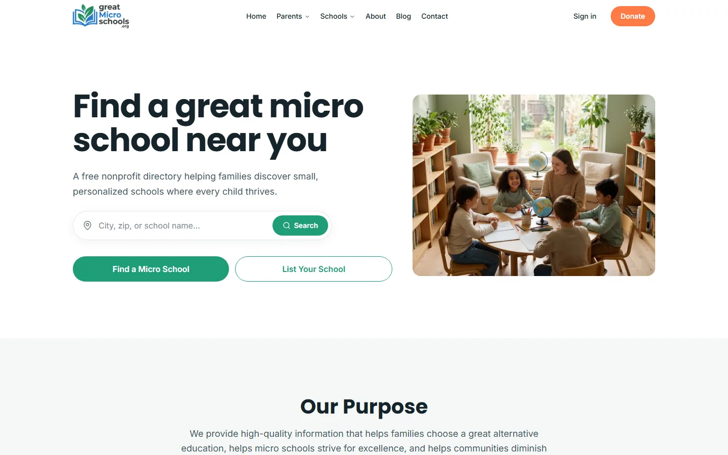 Great Micro Schools website home page on a laptop