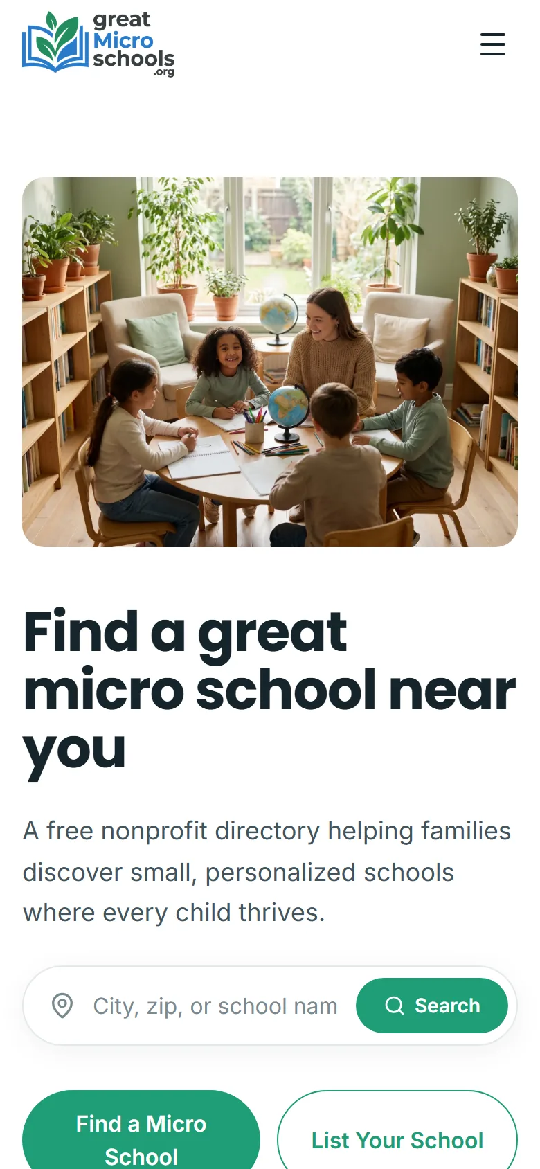 Great Micro Schools website on a phone
